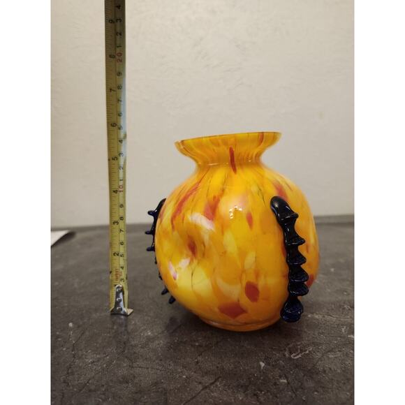 Kralik Art Glass ORANGE Yellow Black Tooled Rigaree SIGNED Made in Cz Chips - Picture 4 of 14